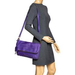 Pre Owned Emporio Armani Purple Croc Emboseed Leather Fold Over Shoulder Bag