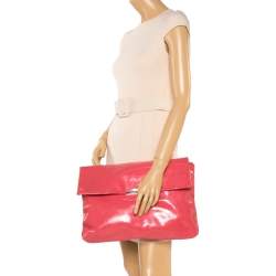 Pre Owned Emporio Armani Coral Pink Patent Leather Flap Oversized Clutch