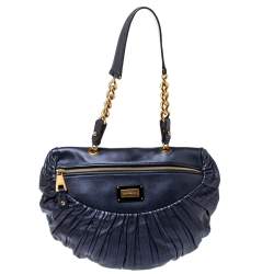 Pre Owned Emporio Armani Indigo Pleated Leather Chain Hobo