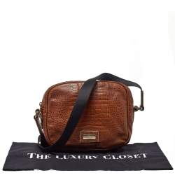 Pre Owned Emporio Armani Brown Croc Embossed Leather Logo Plaque Crossbody Bag