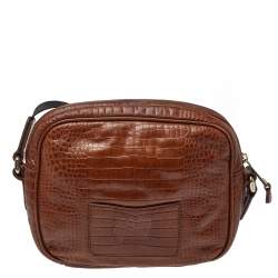 Pre Owned Emporio Armani Brown Croc Embossed Leather Logo Plaque Crossbody Bag