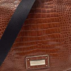 Pre Owned Emporio Armani Brown Croc Embossed Leather Logo Plaque Crossbody Bag