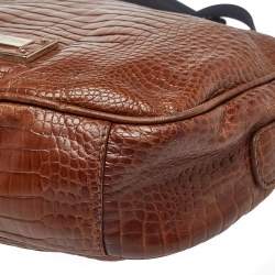 Pre Owned Emporio Armani Brown Croc Embossed Leather Logo Plaque Crossbody Bag