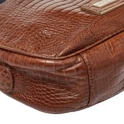 Pre Owned Emporio Armani Brown Croc Embossed Leather Logo Plaque Crossbody Bag