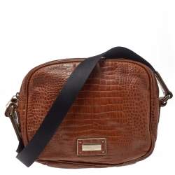Pre Owned Emporio Armani Brown Croc Embossed Leather Logo Plaque Crossbody Bag