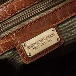 Pre Owned Emporio Armani Brown Croc Embossed Leather Logo Plaque Crossbody Bag