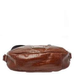 Pre Owned Emporio Armani Brown Croc Embossed Leather Logo Plaque Crossbody Bag