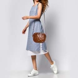 Pre Owned Emporio Armani Brown Croc Embossed Leather Logo Plaque Crossbody Bag