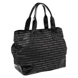 Pre Owned Emporio Armani Black Logo Print Canvas and Leather Tote