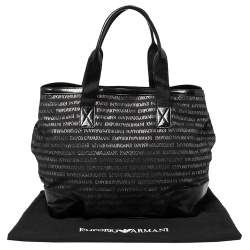 Pre Owned Emporio Armani Black Logo Print Canvas and Leather Tote