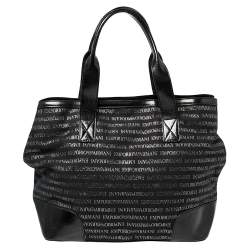 Pre Owned Emporio Armani Black Logo Print Canvas and Leather Tote