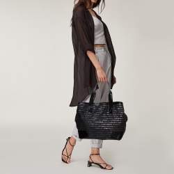 Pre Owned Emporio Armani Black Logo Print Canvas and Leather Tote