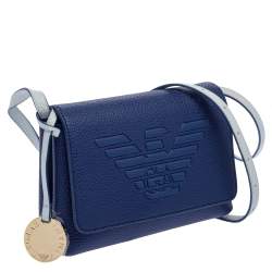 Pre Owned Emporio Armani Blue Leather Flap Crossbody Bag