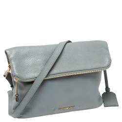 Pre Owned Emporio Armani Ash Blue Leather Zip Flap Convertible Shoulder Bag