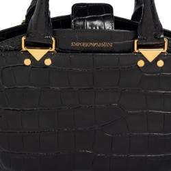 Pre Owned Emporio Armani Black Croc Embossed Leather Satchel