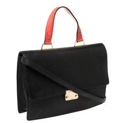 Pre Owned Emporio Armani Black Leather And Croc Embossed Leather Pushlock Flap Top Handle