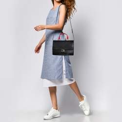 Pre Owned Emporio Armani Black Leather And Croc Embossed Leather Pushlock Flap Top Handle