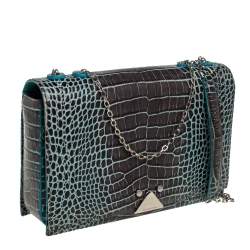 Pre Owned Emporio Armani Blue/Black Croc Embossed Leather Flap Crossbody Bag