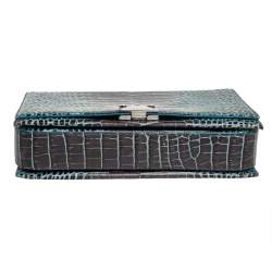 Pre Owned Emporio Armani Blue/Black Croc Embossed Leather Flap Crossbody Bag