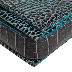 Pre Owned Emporio Armani Blue/Black Croc Embossed Leather Flap Crossbody Bag