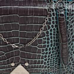 Pre Owned Emporio Armani Blue/Black Croc Embossed Leather Flap Crossbody Bag
