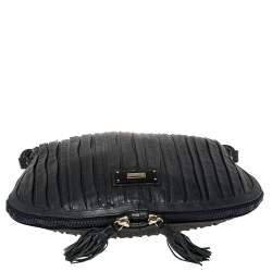 Pre Owned Emporio Armani Navy Blue Pleated Leather Expandable Hobo