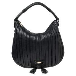 Pre Owned Emporio Armani Navy Blue Pleated Leather Expandable Hobo