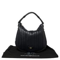 Pre Owned Emporio Armani Navy Blue Pleated Leather Expandable Hobo