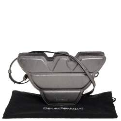 Pre Owned Emporio Armani Metallic Grey Leather Structured Logo Crossbody Bag
