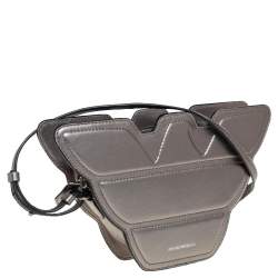 Pre Owned Emporio Armani Metallic Grey Leather Structured Logo Crossbody Bag