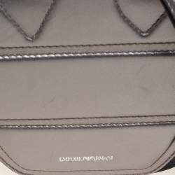 Pre Owned Emporio Armani Metallic Grey Leather Structured Logo Crossbody Bag