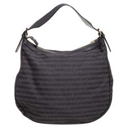 Pre Owned Emporio Armani Grey Signature Canvas and Leather Zip Hobo