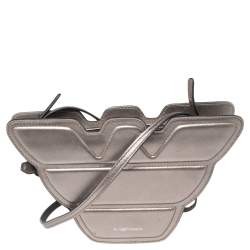 Pre Owned Emporio Armani Metallic Grey Leather Structured Logo Crossbody Bag