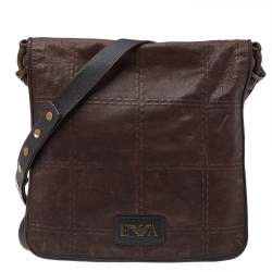 Pre Owned Emporio Armani Dark Brown Leather Flap Messenger Bag