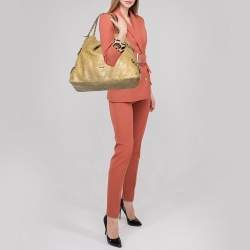 Pre Owned Emporio Armani Beige Glittery Snakeskin Embossed Leather Chain Detail Hobo