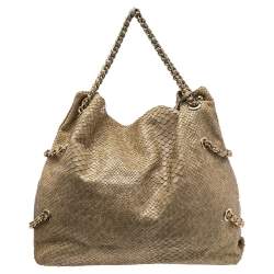 Pre Owned Emporio Armani Beige Glittery Snakeskin Embossed Leather Chain Detail Hobo