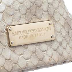 Pre Owned Emporio Armani Beige Glittery Snakeskin Embossed Leather Chain Detail Hobo