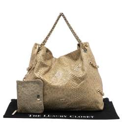 Pre Owned Emporio Armani Beige Glittery Snakeskin Embossed Leather Chain Detail Hobo