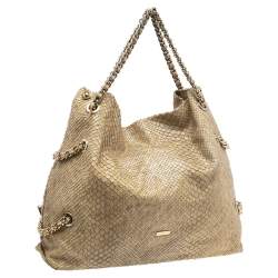 Pre Owned Emporio Armani Beige Glittery Snakeskin Embossed Leather Chain Detail Hobo
