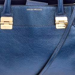 Pre Owned Emporio Armani Metallic Navy Blue Leather Tote