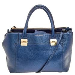 Pre Owned Emporio Armani Metallic Navy Blue Leather Tote