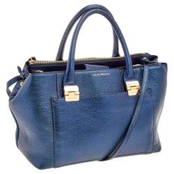 Pre Owned Emporio Armani Metallic Navy Blue Leather Tote