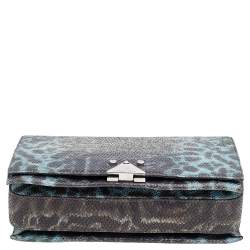 Pre Owned Emporio Armani Blue Snake Embossed Leather Flap Shoulder Bag