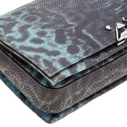 Pre Owned Emporio Armani Blue Snake Embossed Leather Flap Shoulder Bag