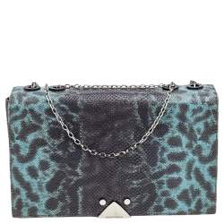 Pre Owned Emporio Armani Blue Snake Embossed Leather Flap Shoulder Bag