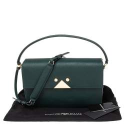 Pre Owned Emporio Armani Dark Green Saffiano Leather Flap Top Handle Bag
