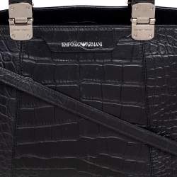 Pre Owned Emporio Armani Black Croc Embossed Leather Dome Satchel