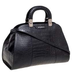 Pre Owned Emporio Armani Black Croc Embossed Leather Dome Satchel
