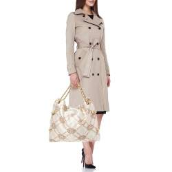 Pre Owned Emporio Armani Beige/Brown Logo Jacquard Fabric Chain Detail Hobo