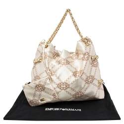 Pre Owned Emporio Armani Beige/Brown Logo Jacquard Fabric Chain Detail Hobo